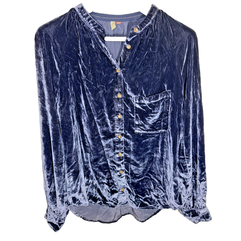 Anthropologie Crushed Velvet Button-Front Blouse in Deep Navy